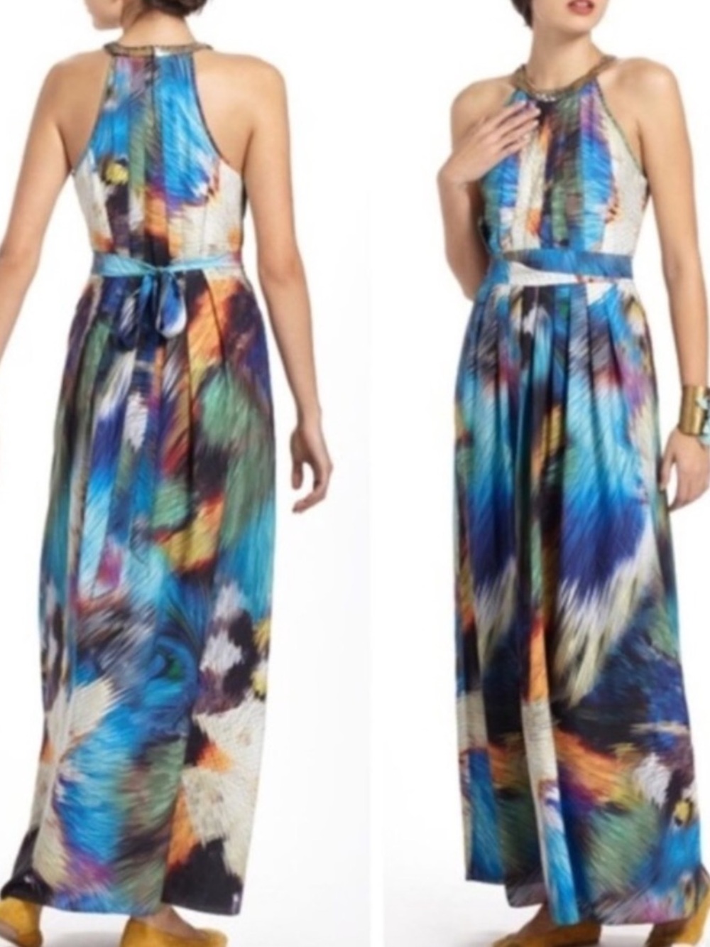 Anthropologie Ranna Gill Tropicalia Pleated Watercolor Maxi Halter Dress size S